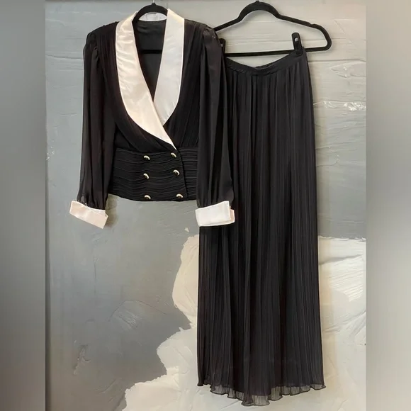 Vintage MISS ELLIETTE Dress Blk Chiffon/White Trim Formal Evening Long Gown Sz 6 - Picture 7 of 11